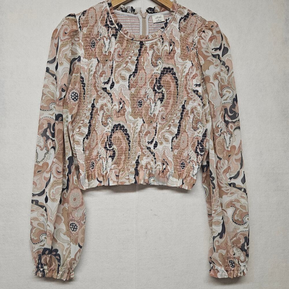 Wilfred Aritzia Smocked Waist Paisley Blouse Top Boho Floral Neutral